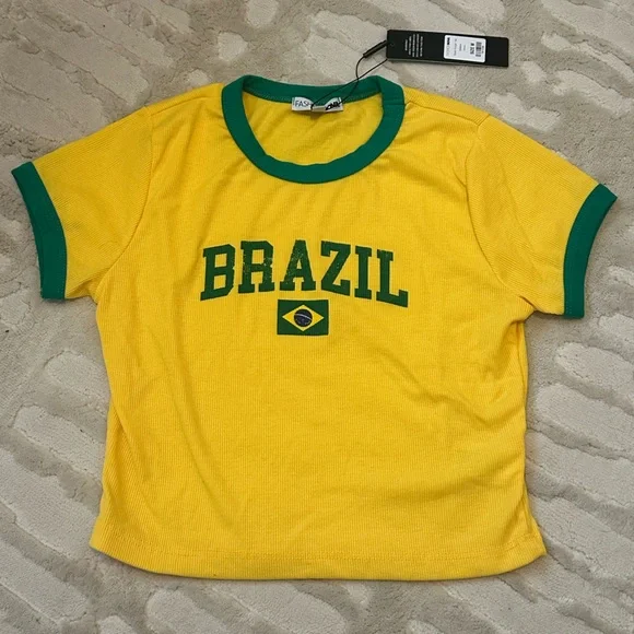 Fashion Nova Yellow and Green Brazil Shirt - Picture 1 of 2